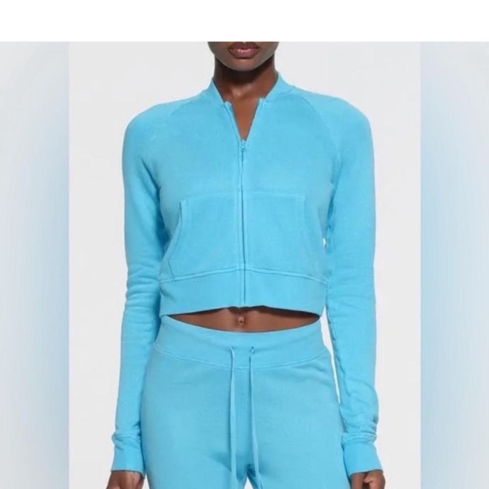NEW NWT SKIMS Modal French terry shrunken cyan blue zip up hoodie size S